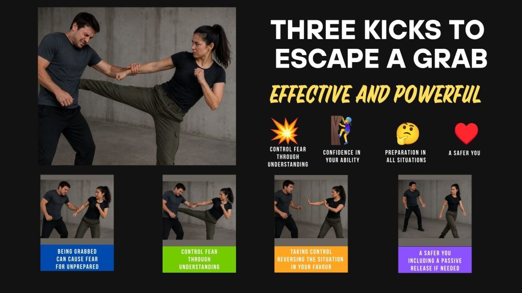 Three kicks to escape a grab, front kick for quick release from a  grabber, side kick being another powerful kick and the turning turning kick. Three different kicks for every possibility.
additionally a quick passive release for first line of defence