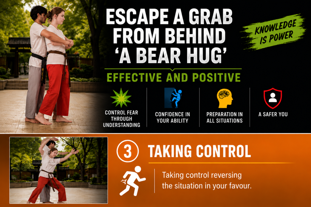 Escape a grab from behind being called a bear hug where you reverse the situation in your favour so you are 'Taking Control'