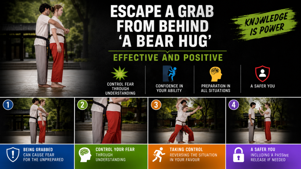 Learn practical bear hug self defence techniques, including escape principles, balance, creating space and the CMBBA mindset of escape rather than fighting.