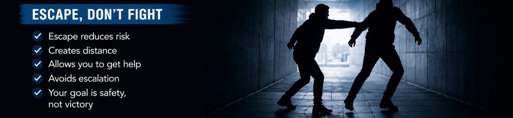escape and don't fight is an important first line of this defence concept