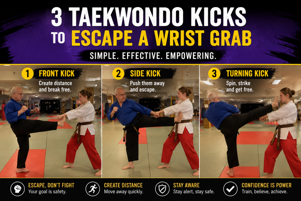 Three Taekwondo kicks to escape a wrist grab and the opportunity to get involved with the mini course to learn them in the safety of your own home, this is an excerpt from the CMBBA online home course 